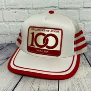Vintage Trucker Hat Mesh Cap 3 Stripes Loyal Order of Moose 1898-1988 Centennial